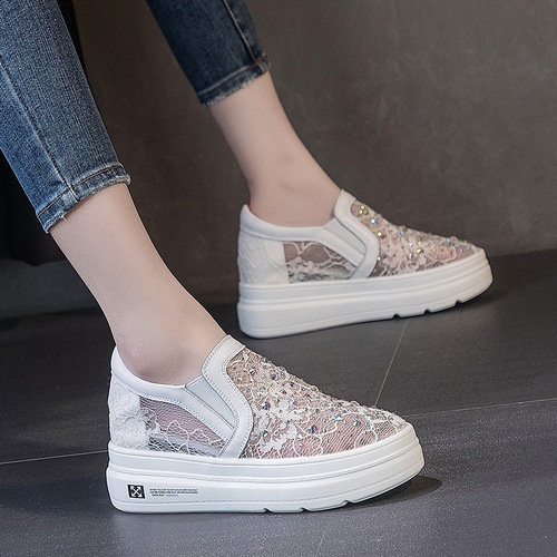 Rhinestone flower women's mesh inner height increasing women's shoes 7cm height increasing wedge heel 2024 new spring and summer platform casual shoes