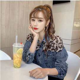 2025春秋衬衣欧美范豹纹雪纺拼接大码宽松牛仔衬衫女外套长袖潮