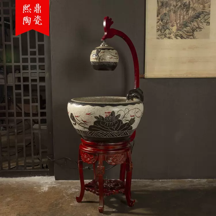 中式创意流水喷泉手绘陶瓷办公室客厅简约装饰鱼缸开业送礼摆件