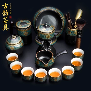 陶瓷功夫茶具家用现代简约复古整套半自动石磨懒人茶具套装15头