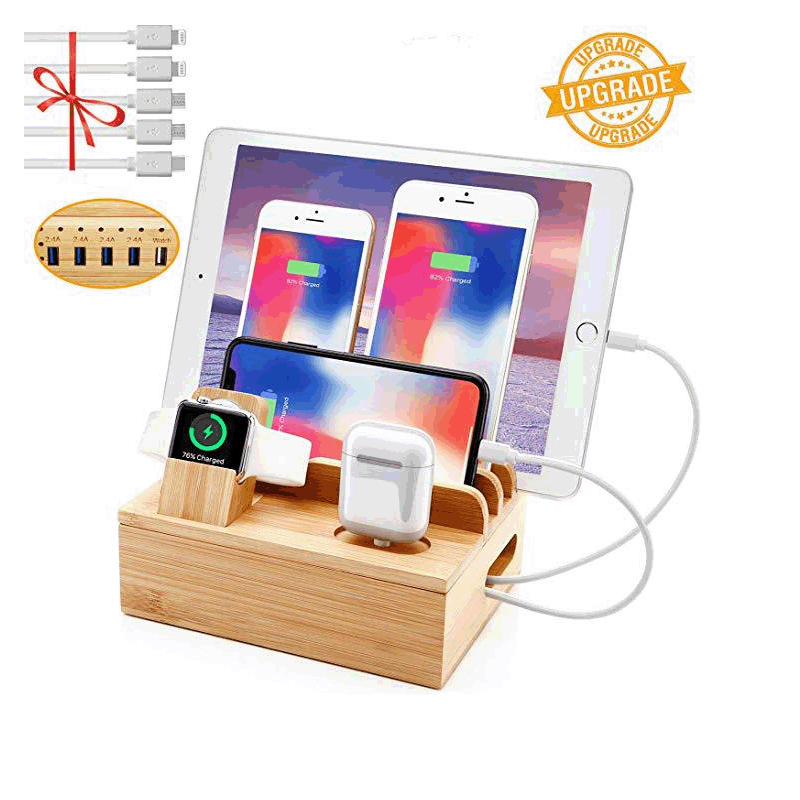 6 in 1 bamboo charging storage box bracket USB socket for Iwatch airpod wireless Bluetooth headset
