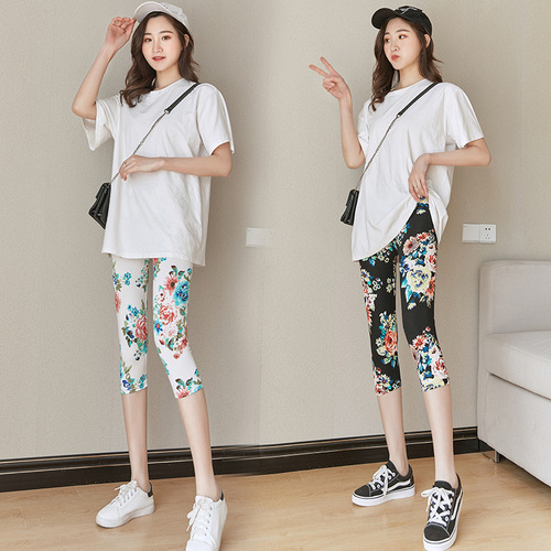 New summer leggings, women's outer wear, thin capris, elastic floral plus size, quintiles, small feet, pants.