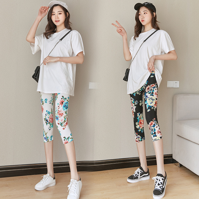 2026 New Summer Women's Thin Floral Print Leggings, Stretchy Capri Pants, Plus Size Ankle-Length Pants, Slim Fit Pants
