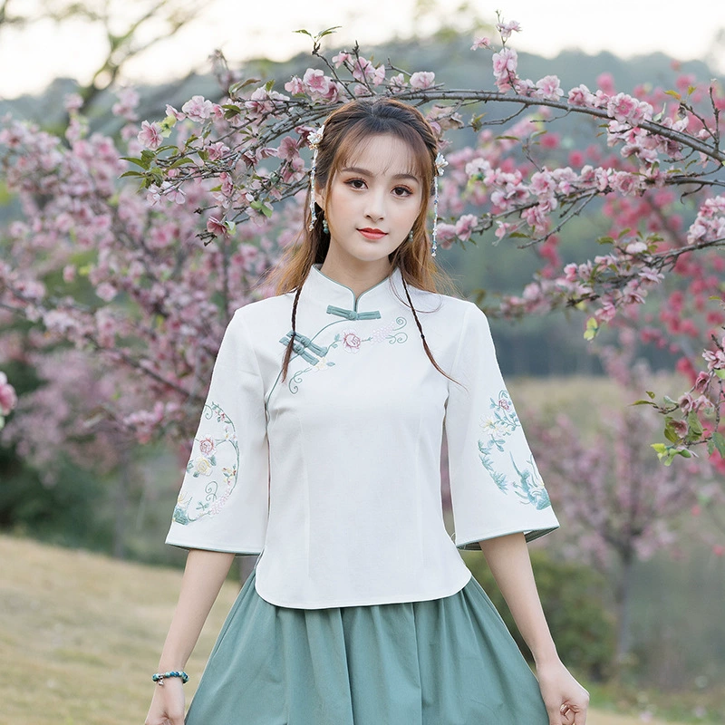 2245 оптом весна и лето новые подруги женская блузка с этнической вышивкой тонкая Модная рубашка пальто Тан