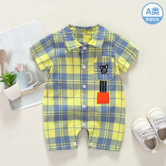 新生兒連體衣服夏季嬰幼兒寶寶格子哈衣爬服網紅薄款短袖兒童夏裝