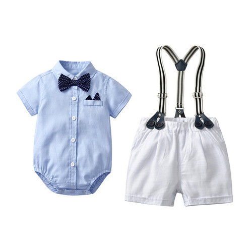 Summer new children's suit, baby boy, gentleman's khaki suit, short-sleeved shorts, romper + hat on behalf of