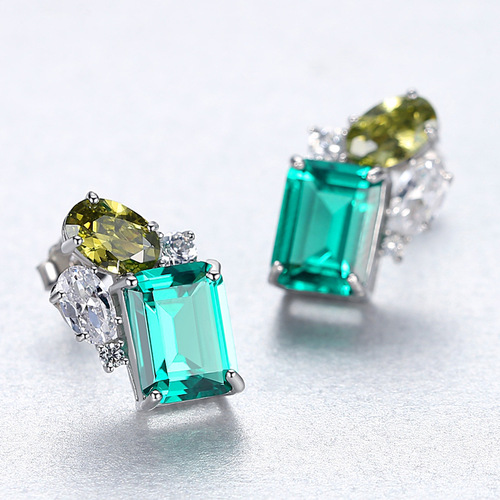 PAG&MAG Emerald Gemstone Earrings S925 Silver Studs Women's Earrings European and American Temperament Niche Design Jewelry