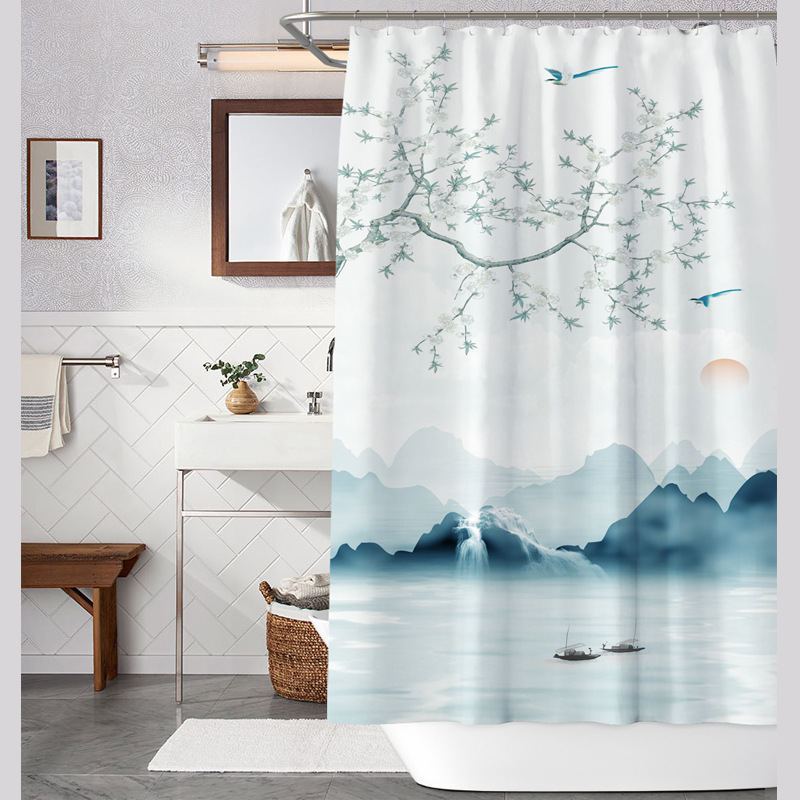 New Chinese Ink Landscape Painting Shower Curtain Rental Room Partition Curtain Toilet Waterproof Mildew-proof Curtain Punch-free Curtain