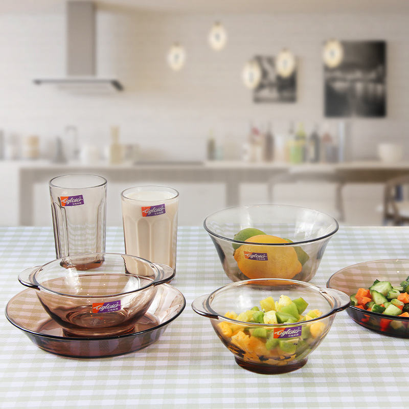 Transparent Brown double-ear bowl salad bowl breakfast cup water Cup Noodle Bowl Nordic tableware suit Amber promotional gift