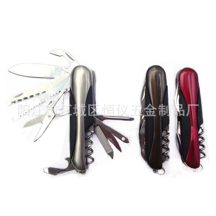 热销11合1带塑胶条多功能小刀 不锈钢折叠户外礼品刀