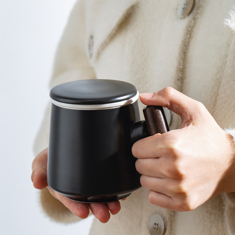Taza de cerámica con mango de madera con cubierta de té, taza de té de flores, taza de agua, caja de regalo, bolsa, conjunto de grabado