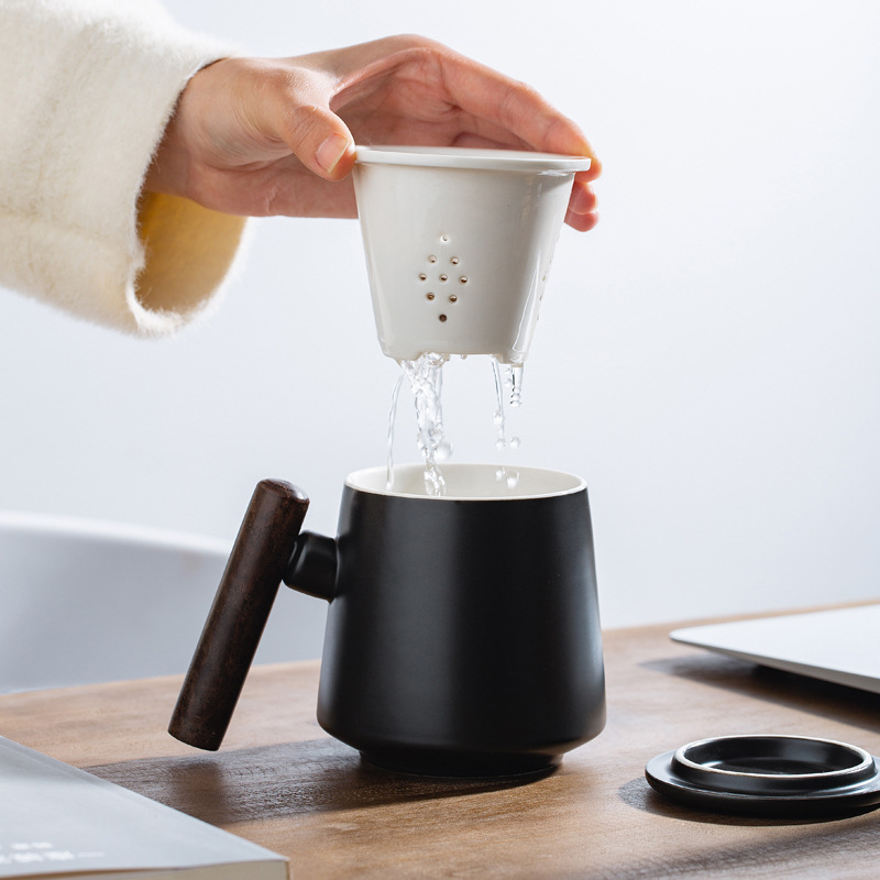 Taza de cerámica con mango de madera con cubierta de té, taza de té de flores, taza de agua, caja de regalo, bolsa, conjunto de grabado