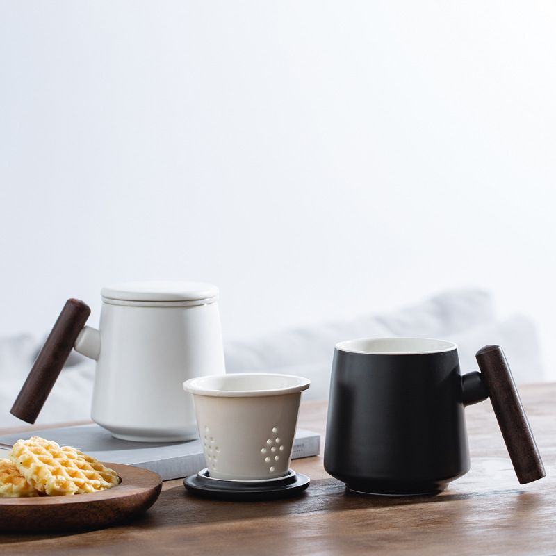 Taza de cerámica con mango de madera con cubierta de té, taza de té de flores, taza de agua, caja de regalo, bolsa, conjunto de grabado