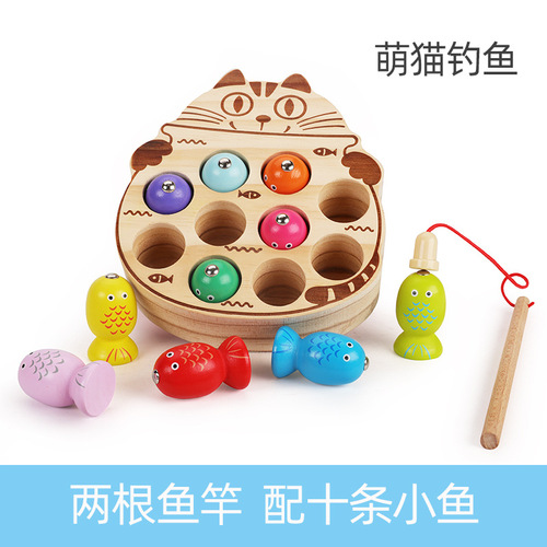Wooden balls children's wooden magnetic kitten fishing game play house magnetic early education baby toys wholesale
