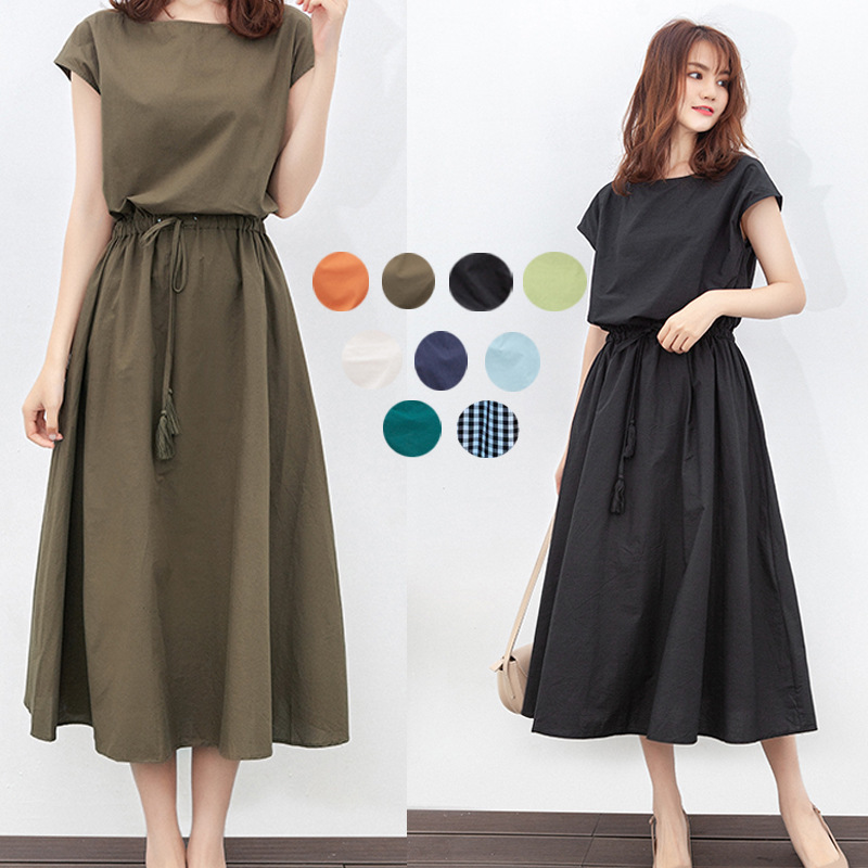 9-Color Rakuten Large Version Literary Large Swing Skirt 2025 Summer New Style Waist-Cinching Loose Large Size Cotton and Linen Dress