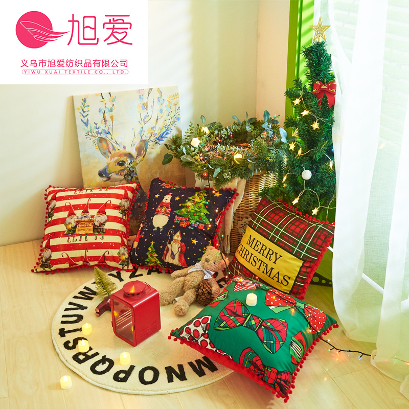 Navidad funda de almohada bola borde Santa Claus Navidad cojín funda de almohada rojo a cuadros a rayas funda de almohada