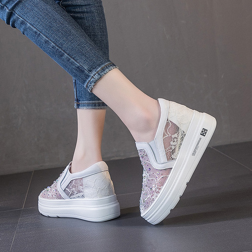 Rhinestone flower women's mesh inner height increasing women's shoes 7cm height increasing wedge heel 2024 new spring and summer platform casual shoes