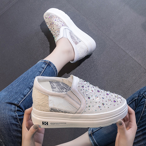 Rhinestone flower women's mesh inner height increasing women's shoes 7cm height increasing wedge heel 2024 new spring and summer platform casual shoes