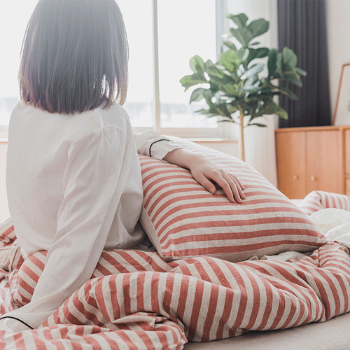 T01 Minimalist Bare Sleep Good Quality Tussah Cotton Four-Piece Set Pure Cotton Striped Knitted Cotton Four-Piece Set 100% Cotton Fitted Sheet and Duvet Cover