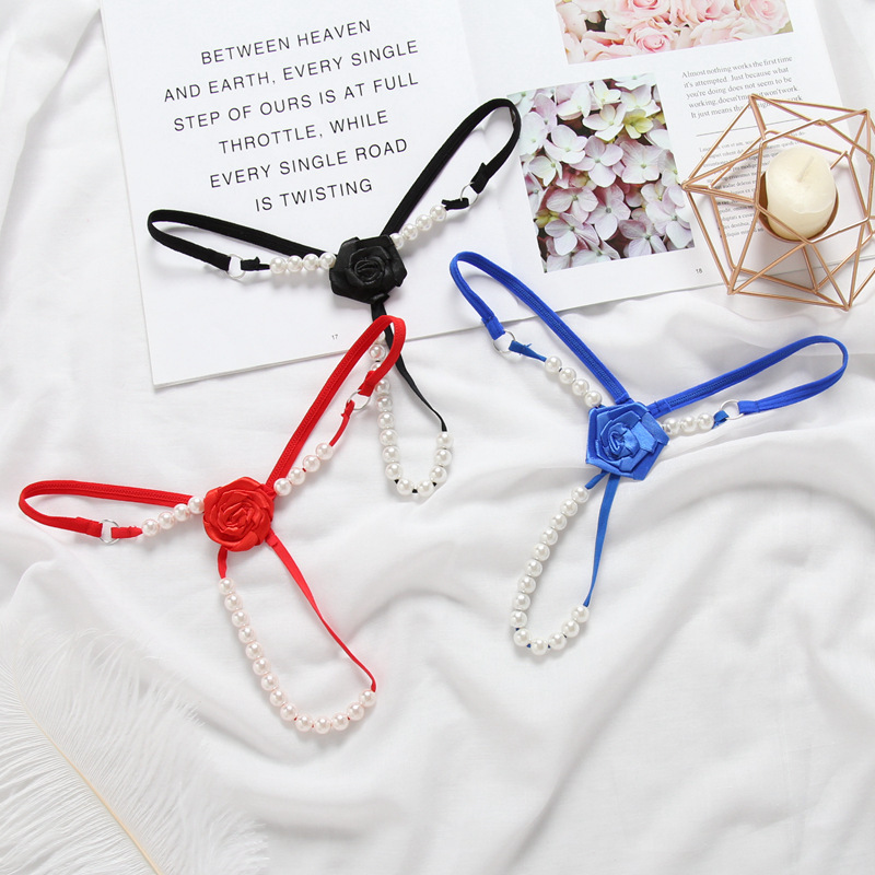 Foreign Trade Europe and the United States Sexy Pearl Massage T-pants Rose T-shaped Underwear Women's Low Waist Open Transparent Temptation Women's 2143