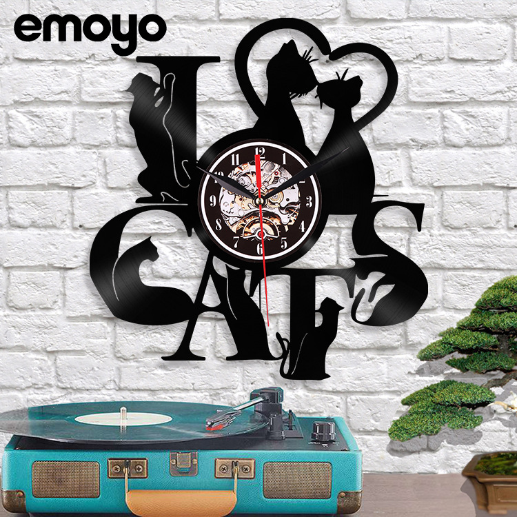 Vinilo creativo vintage arte decorativo lindo gato Reloj de pared moda dormitorio decoración hogar Reloj de pared