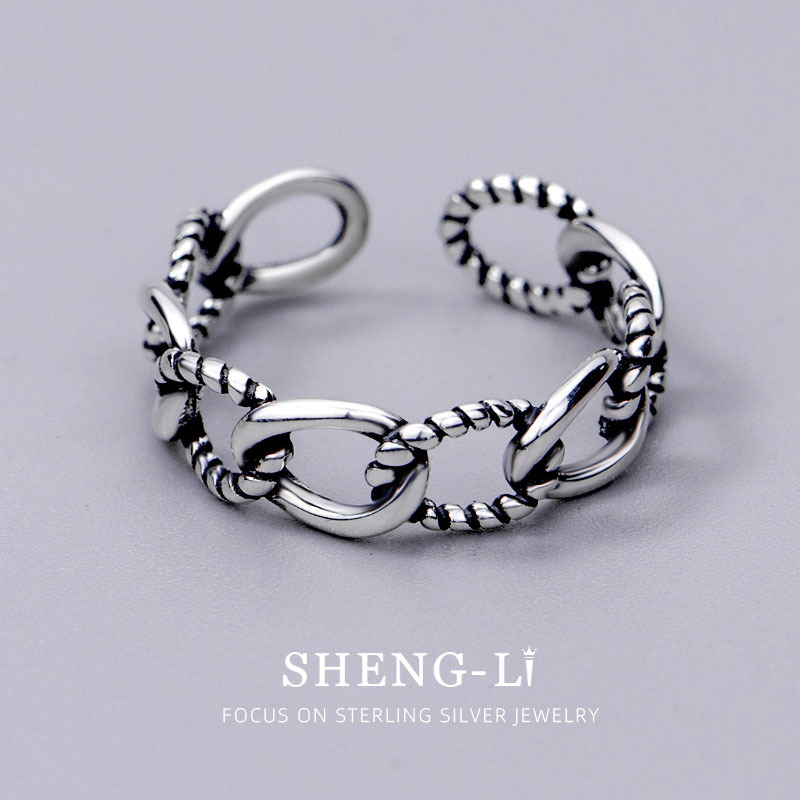 Anillo de cadena de plata s925 anillo femenino hebilla vintage plata tailandesa tejida giro anillo abierto estilo étnico moda