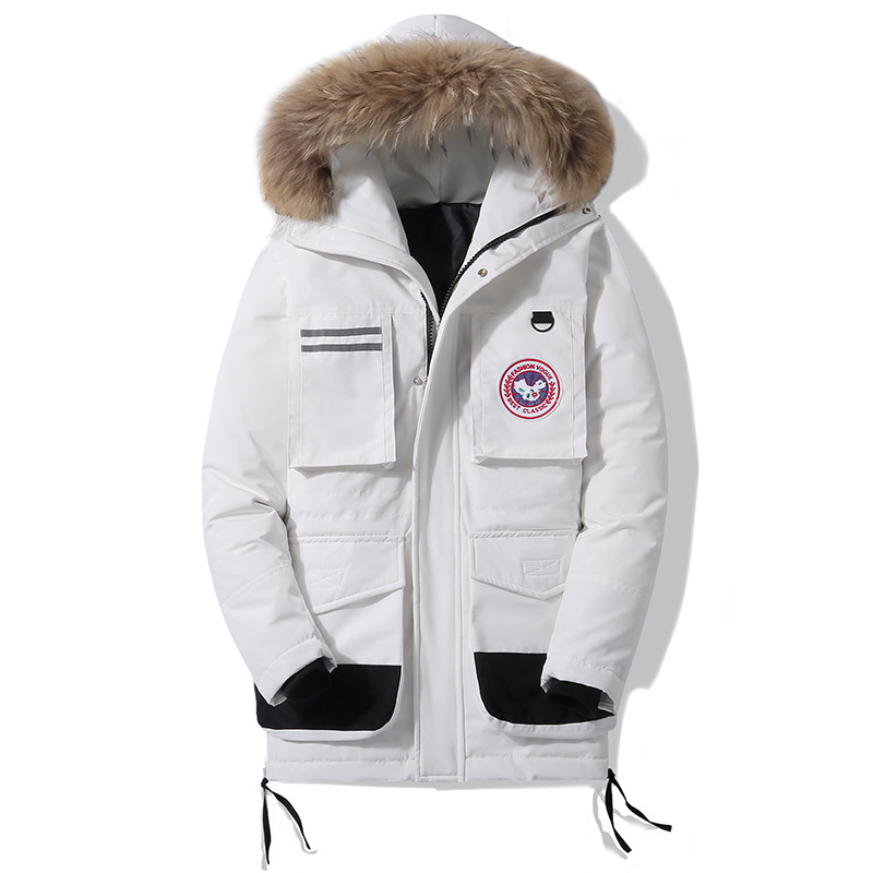 Chaqueta de plumón para hombre de media longitud 2023 Invierno Nueva chaqueta de plumón de pato con cuello de piel grande con capucha abrigo de hombre engrosado cálido