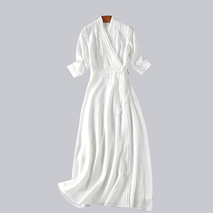 TikTok Same Style Hanfu Seven-point Sleeve V-neck Lace-up Long Dress Slimming Female Spring Summer Autumn Retro Ethnic Style Literary Style