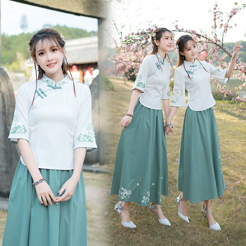 Прямая оптовая продажа с фабрики, поколение новых подруг, Женский Топ с этнической вышивкой, тонкий хлопковый и льняной костюм Tang, чайная куртка