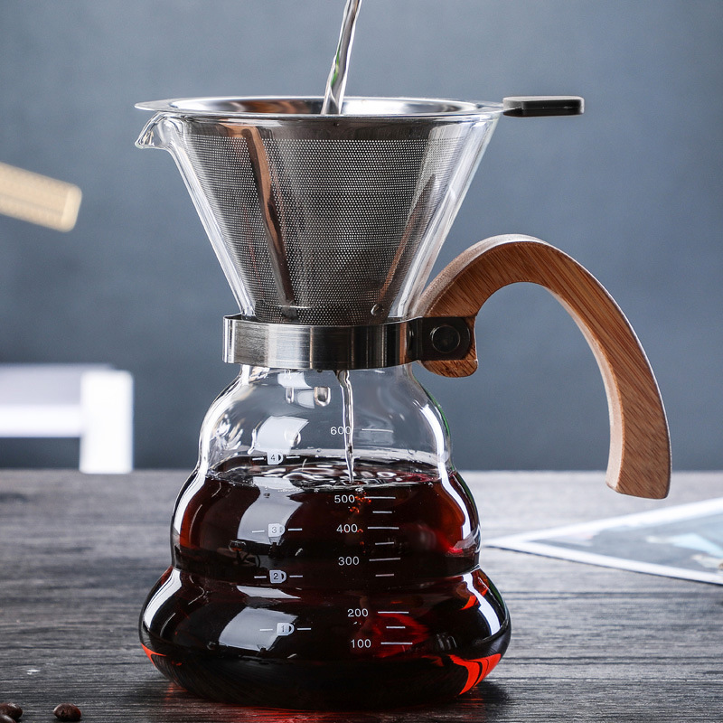 Glass Hand-Brewed Coffee Pot, Sharing Pot, Household Wooden Handle Coffee Cup Set, Customizable Logo, Suitable for Cross-Border Export