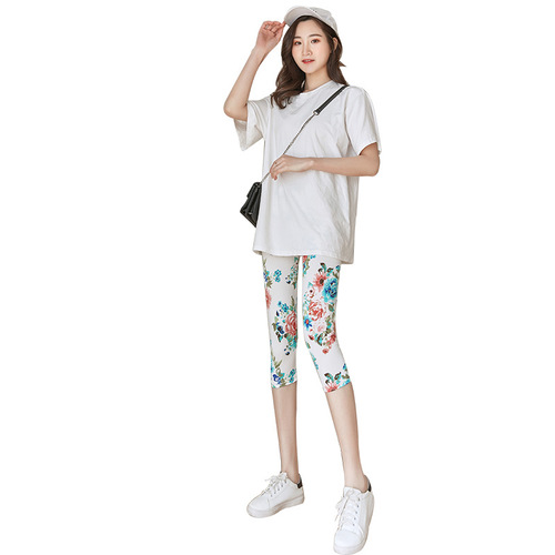 New summer leggings, women's outer wear, thin capris, elastic floral plus size, quintiles, small feet, pants.