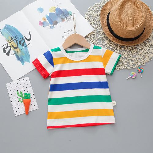 Summer new casual version of children's baby short-sleeved suit large striped round neck short-sleeved rainbow suspender shorts two pieces