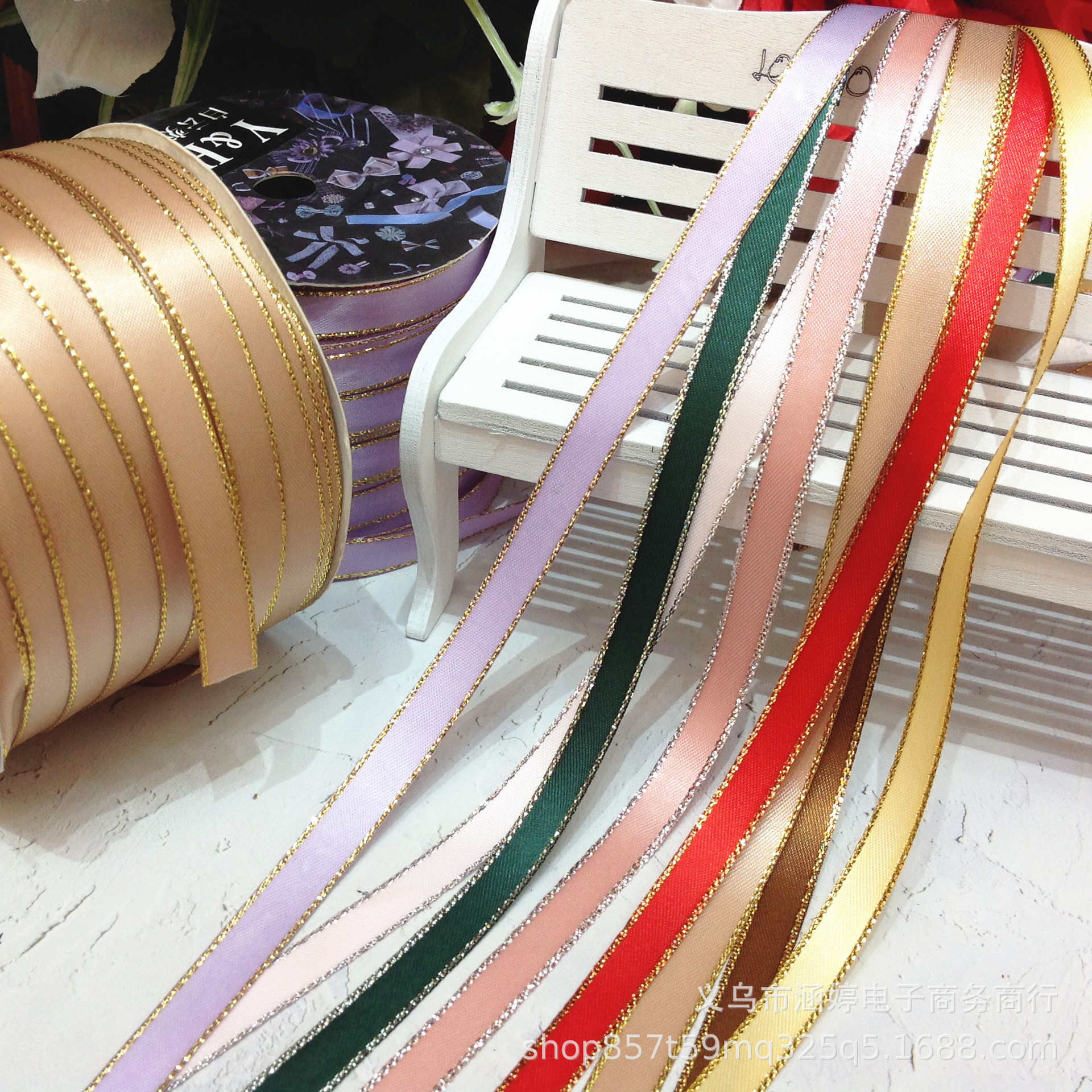 加密双面金边涤纶带缎带银边色丁带圣诞带织带蛋糕盒礼品包装扎带