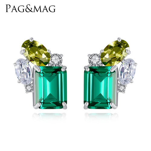 PAG&MAG Emerald Gemstone Earrings S925 Silver Studs Women's Earrings European and American Temperament Niche Design Jewelry