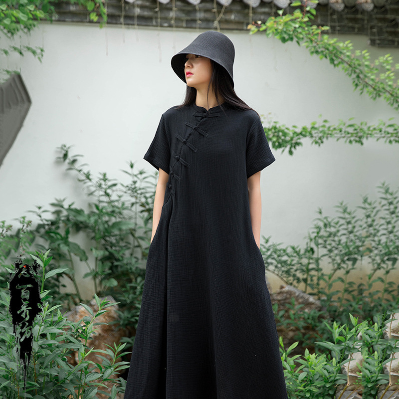 26 Autumn Nianbaixiu National Style Improved Qipao Dress with Buttoned Collar, Mid-Length, Stand Collar, Diagonal Placket, Cotton and Linen Women's Clothing