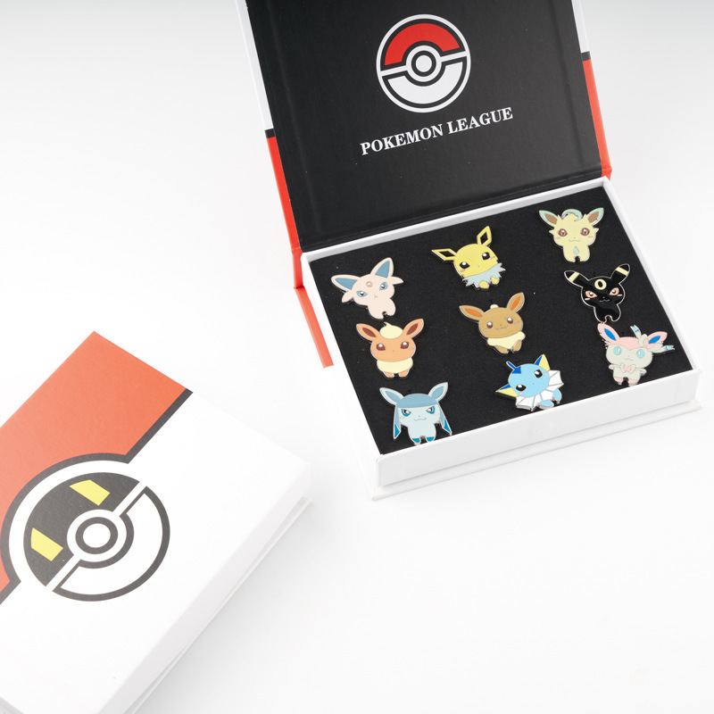 Anime Elf 9 Q Version Ibrahimovic Pet Family Painted Brooch Pokémon Round Box Set Alloy Badge