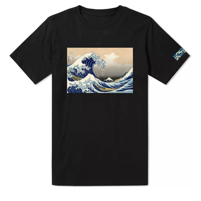 Japanese ukiyo-e Kanagawa surfing T-shirt summer men's and women's cotton artistic round neck retro short sleeve Tee