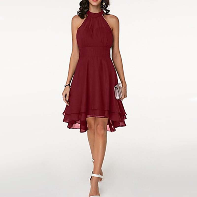 2023 Summer New Sexy Solid Color Irregular Cut A- line Skirt Double Layer Ruffled Sleeveless Chiffon Dress