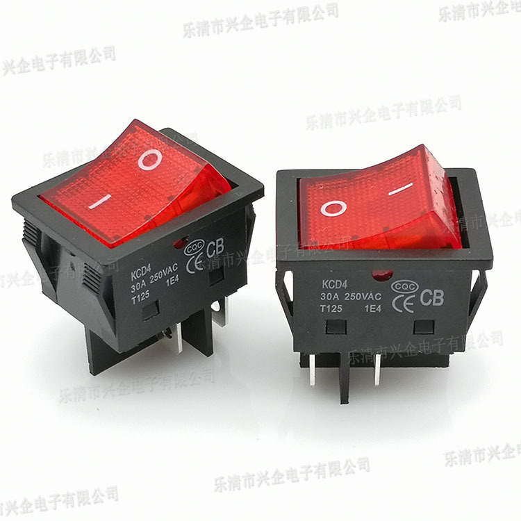 供应30A大电流开关电焊机电源开关带灯2档4脚KCD4方形翘板开关红