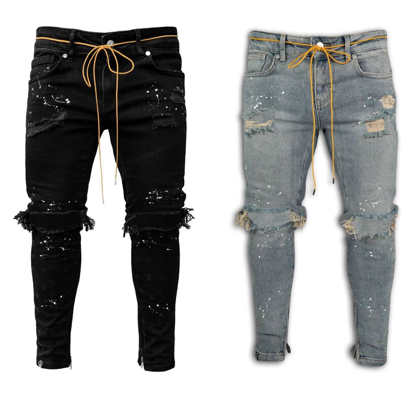 wish European and American new men's slim ripped skinny pants new men's paint jeans factory direct sales