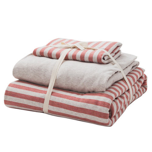 T01 Minimalist Bare Sleep Good Quality Tussah Cotton Four-Piece Set Pure Cotton Striped Knitted Cotton Four-Piece Set 100% Cotton Fitted Sheet and Duvet Cover