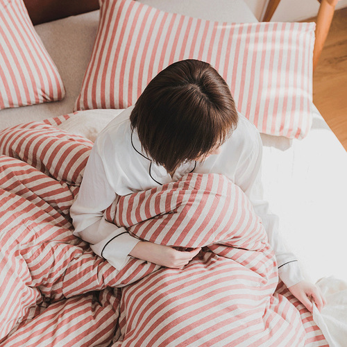 T01 Minimalist Bare Sleep Good Quality Tussah Cotton Four-Piece Set Pure Cotton Striped Knitted Cotton Four-Piece Set 100% Cotton Fitted Sheet and Duvet Cover