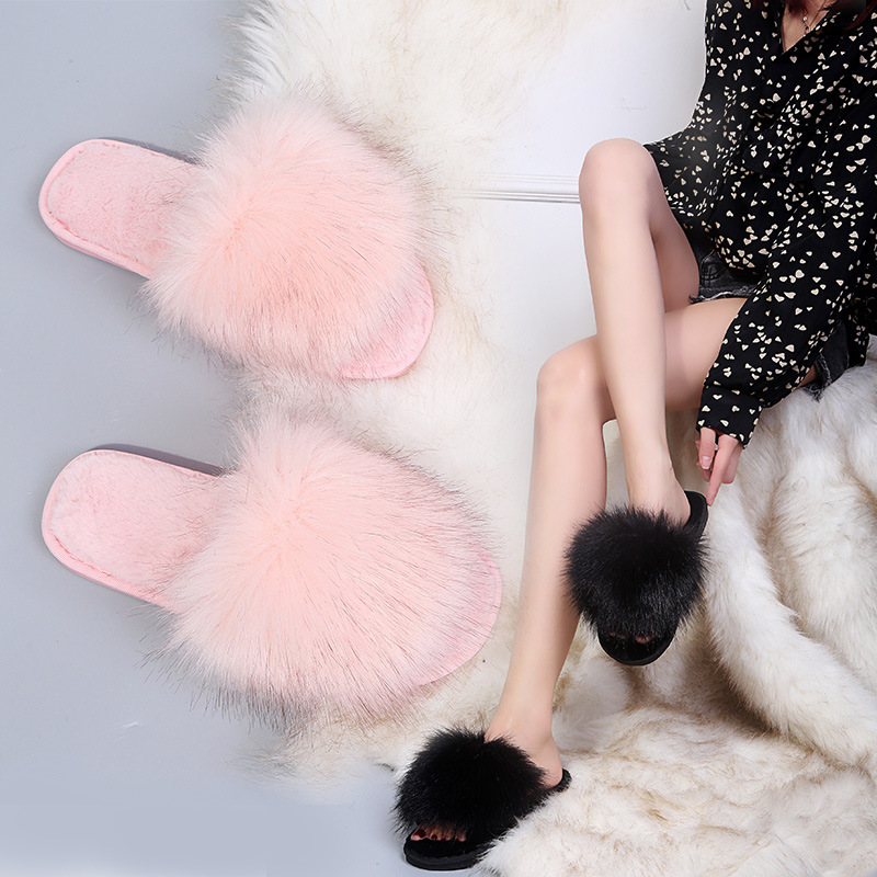 Solid Color Maomao Slippers Women's Winter Home Indoor Floor Slippers Flat Warm Open Toe Plush Slippers