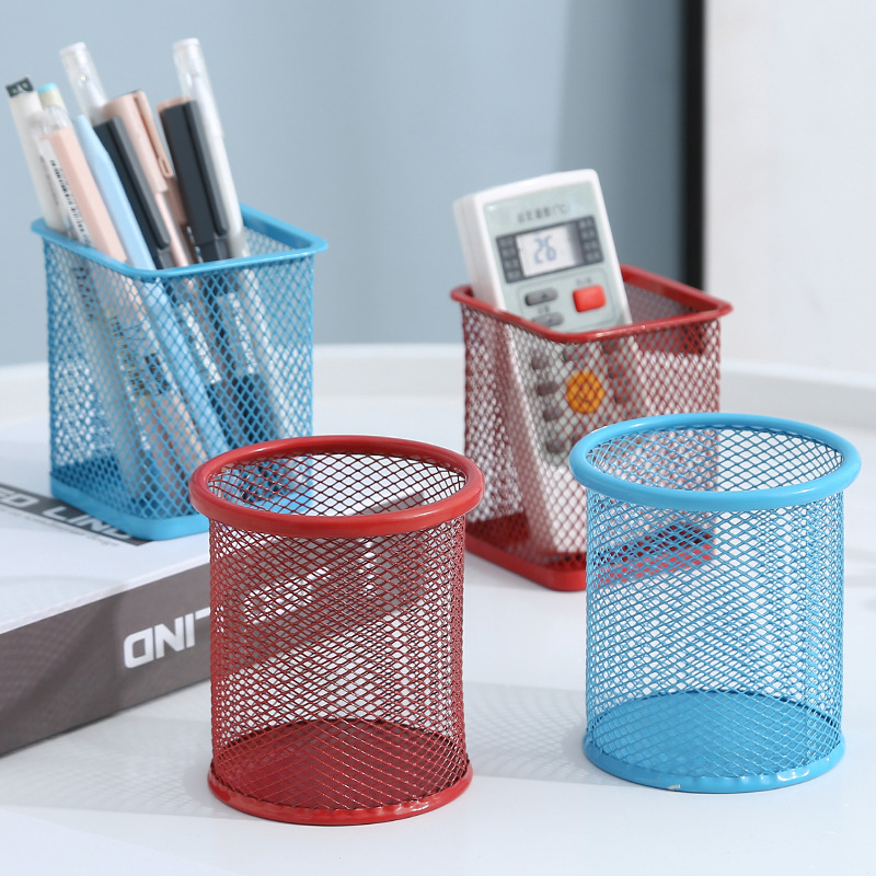 铁艺彩色圆形网格金属方形镂空笔筒学生文具桌面办公用品收纳摆件