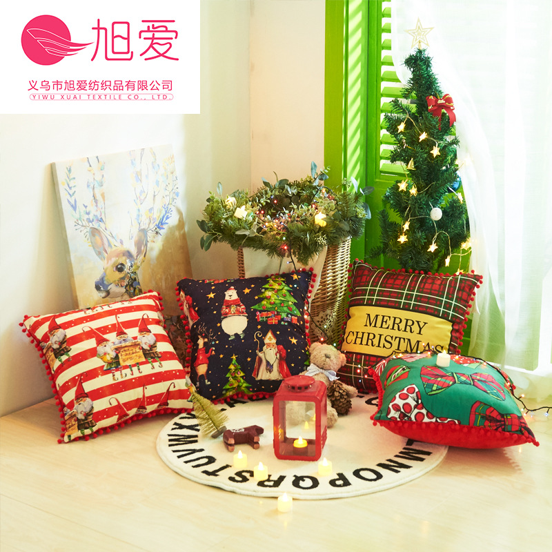 Navidad funda de almohada bola borde Santa Claus Navidad cojín funda de almohada rojo a cuadros a rayas funda de almohada