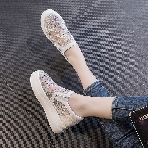 Rhinestone flower women's mesh inner height increasing women's shoes 7cm height increasing wedge heel 2024 new spring and summer platform casual shoes