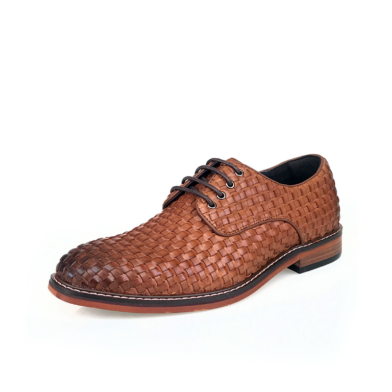 ShoeVault Spring And Autumn British Business Formal Handmade Woven Casual Genuine Leather Lace-up Breathable Derby Wedding Shoes_voghion.com