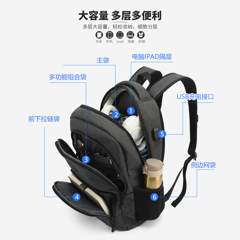 Suministro directo de fábrica mochila mejorada simple ligero interfaz USB cable de datos de carga mochila impermeable