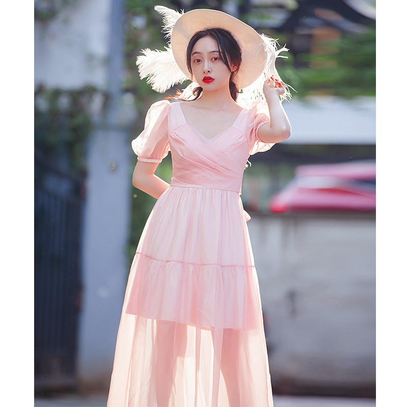 夏装新款欧根纱连衣裙女收腰显瘦气质过膝仙女森系甜美裙子65741