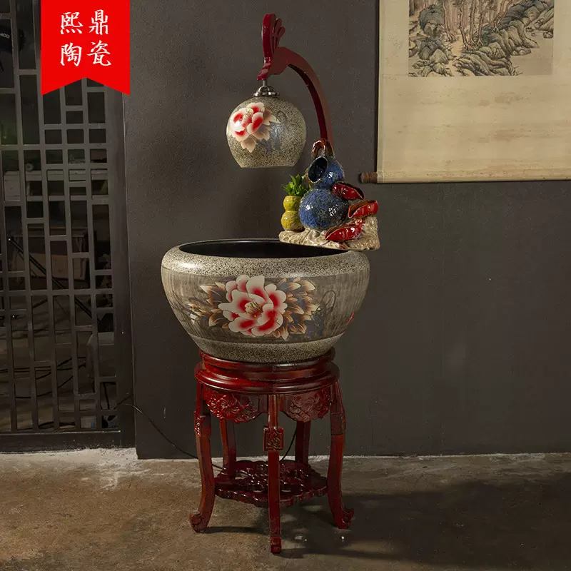 景德镇复古流水喷泉摆件办公室中式景观陶瓷鱼缸摆件开业礼品